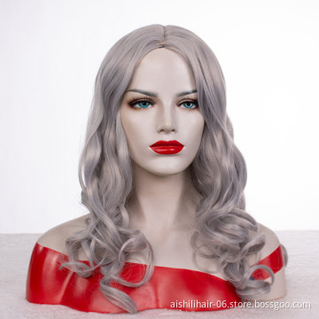 Wholesale heat resistant long  silvery with gray color  water wave wig  synthetic hair wig for women